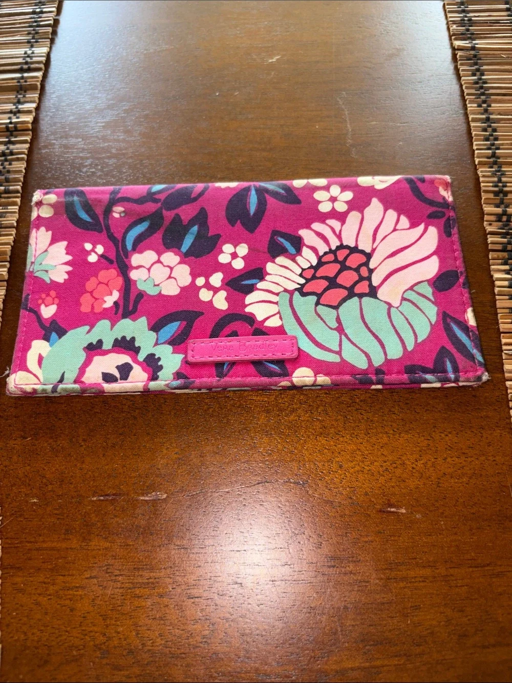 Vera Bradley Pink Floral Quilted Wallet with Teal and Navy Accents